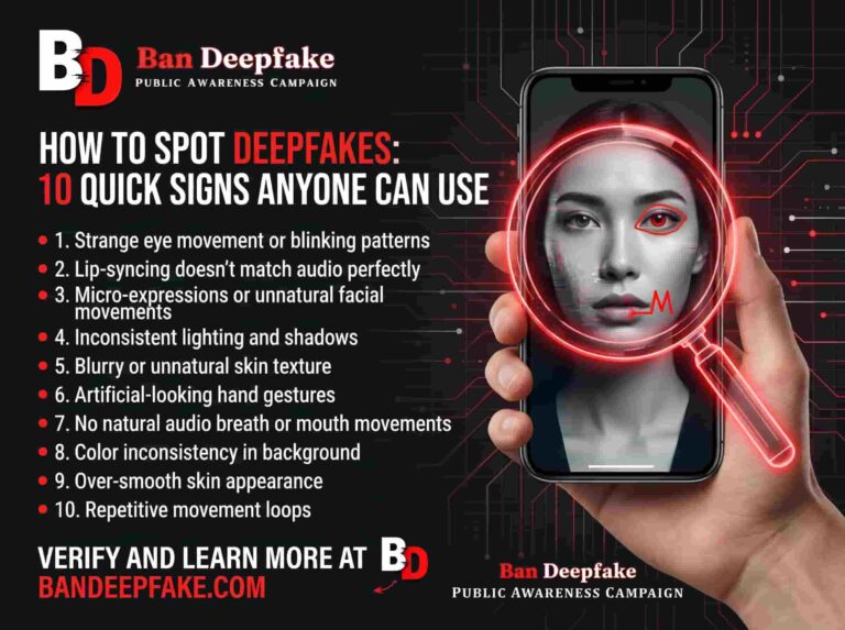 How to spot deepfakes in videos with real vs AI-generated face comparison , Deepfake example showing AI-generated face swap and manipulated video , AI deepfake creation process with face swapping and synthetic media generation , Deepfake misuse examples including political manipulation and online scams , 10 signs to identify deepfakes like lip sync errors and unnatural facial movements , Unnatural eye blinking pattern in deepfake video , Deepfake video with mismatched lip sync and audio , Unnatural facial expressions in AI-generated deepfake face , Inconsistent lighting and shadows in deepfake image , Overly smooth skin texture indicating AI-generated deepfake