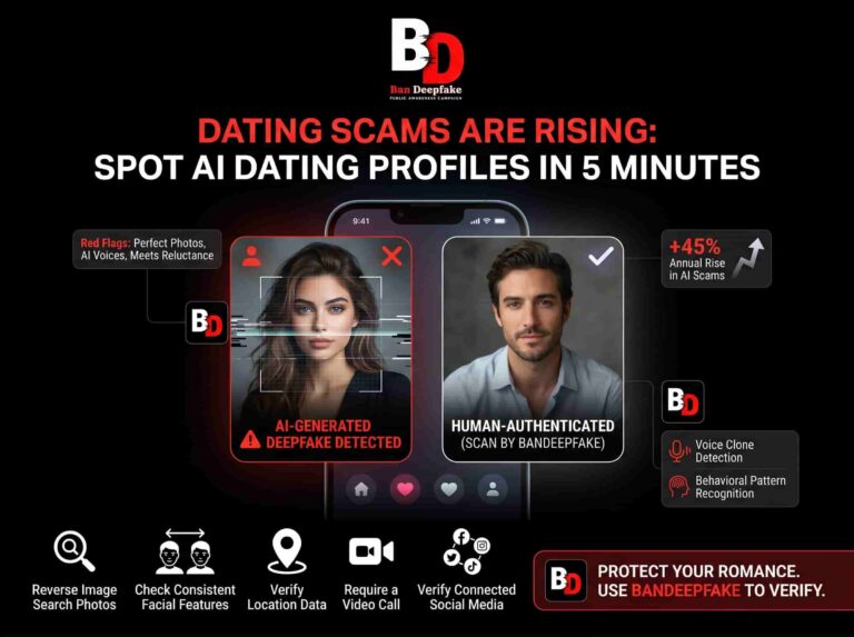 AI dating scam profile with deepfake generated face used in online romance fraud ,Online dating scam using AI-generated profiles and fake identities , AI dating scam warning signs including perfect photos and suspicious behavior , Overly perfect dating profile photo generated by AI indicating scam , Fake dating profile with unrealistic story and no real connections , AI-generated voice message used in dating scam conversation ,Dating profile with unusual time zone activity indicating fraud , Scammer refusing to meet in person using fake AI dating profile , AI dating fraud using deepfake images and automated conversations , Face swapped image used in fake online dating profile , AI-generated personality and chat behavior in dating scam ,AI-generated dating profile gallery with no real-life context , Stages of AI dating scam from fake profile creation to financial exploitation ,