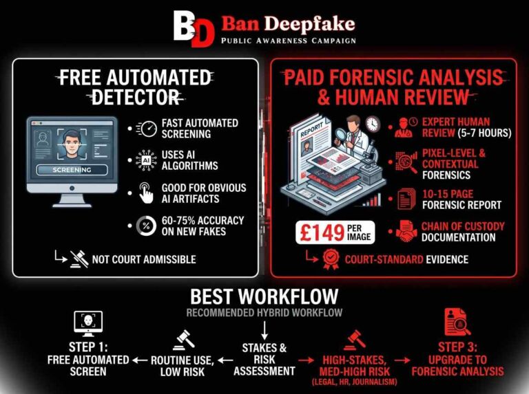 Free vs paid deepfake detection comparison showing AI analysis and forensic investigation , Deepfake detection tools comparison between free screening and professional forensic analysis , AI deepfake detection using computer vision and machine learning algorithms , Deepfake detection accuracy rates showing difference between known and new AI-generated content , Examples of detectable deepfake artifacts like asymmetrical faces and metadata inconsistencies , Advanced deepfake examples that bypass AI detection tools , Professional deepfake forensic analysis process with pixel-level investigation , Analyzing lighting, shadows, and reflections to detect deepfake manipulation , Analyzing lighting, shadows, and reflections to detect deepfake manipulation , Forensic report creation for deepfake verification with technical evidence , Deepfake detection decision chart showing when to use free tools vs paid analysis